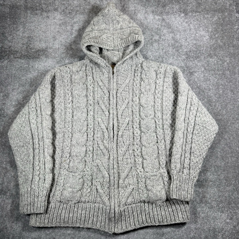 Vintage Sweaterman Jacket Men's Large Gray Chunky Cable Knit Hooded Full Zip